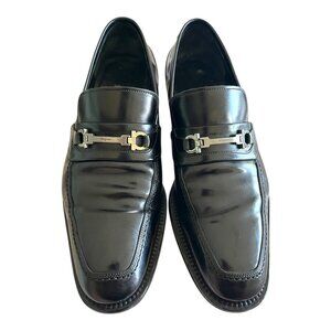 Salvatore Ferragamo Black Calfskin Leather Loafers w/Gancini Ornament